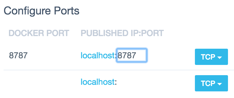 You might need to map docker port 8787 to port 8787 on the host (click gear icon, then go to "Configure Ports" section of the "Hostname/Ports" tab)